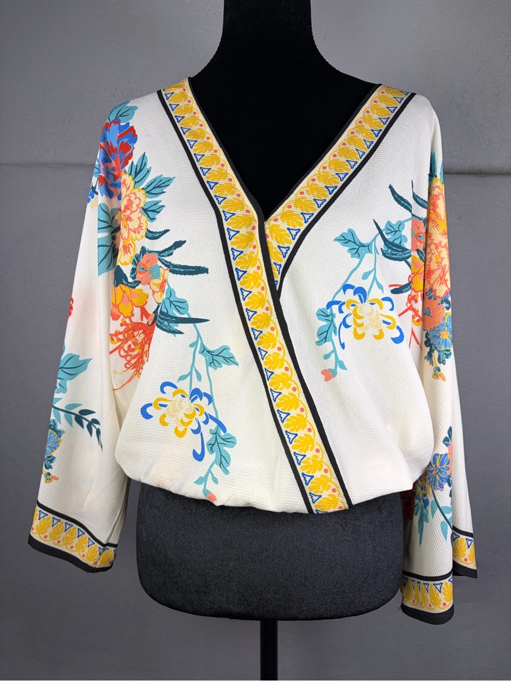 Flying Tomato Cream Floral V-Neck Blouse with Yellow Trim